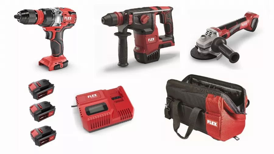 Lot 18V FLEX - Perceuse-visseuse + Perforateur + Meuleuse - 3 Batteries + Chargeur + Accessoires 3 Lot 18V FLEX - Perceuse-visseuse + Perforateur + Meuleuse - 3 Batteries + Chargeur + Accessoires