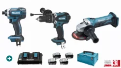 Lot 3 Machines MAKITA 18V 4 Batteries 5Ah + Chargeur Double + Perceuse Visseuse DHP458 + Visseuse à Choc DTD152 + Meuleuse DGA452Z - LMK11 -Stanley Magasin LOT70037 1