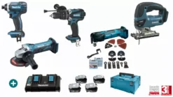 Lot 5 Machines MAKITA 18V 4 Batteries 5Ah + Chargeur Double + Perceuse Visseuse DHP458 + Visseuse à Choc DTD152 + Meuleuse DGA452Z + Scie Sauteuse DJV180Z + Découpeur Ponceur DTM51ZJX3 - LMK13 -Stanley Magasin LOT70039 1