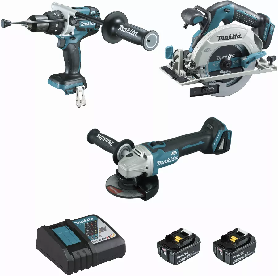 Ensemble De 3 Machines 18 V Li-Ion 5 Ah MAKITA Perceuse DHP481 + Meuleuse DGA506 + Scie DHS680 - 2 Batteries, Chargeur, Coffret - DLX3095PTJ 3 Ensemble De 3 Machines 18 V Li-Ion 5 Ah MAKITA Perceuse DHP481 + Meuleuse DGA506 + Scie DHS680 - 2 Batteries, Chargeur, Coffret - DLX3095PTJ